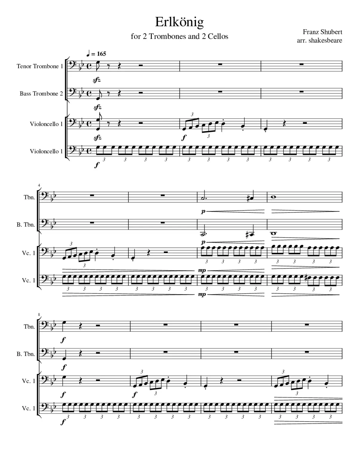 Erlkonig for 2 Trombones and 2 Cellos - Page 1