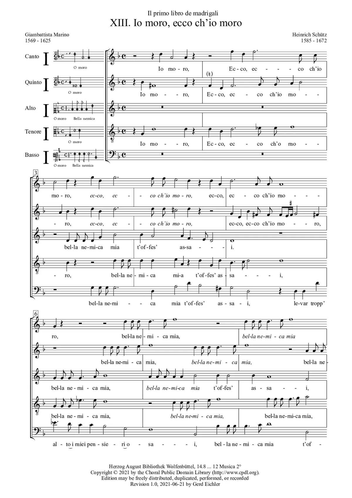 Io moro, ecco ch'io moro, SWV 13 - Page 1
