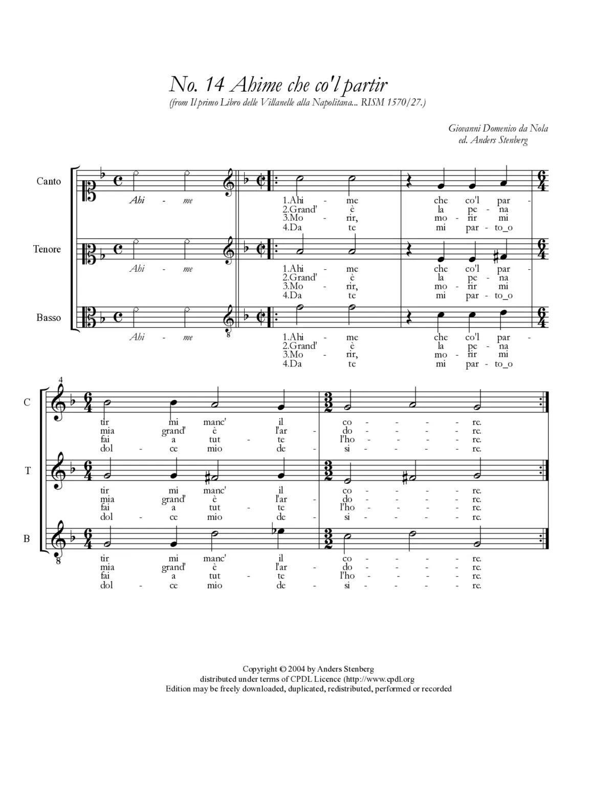 Ahime che co'l partir - Page 1