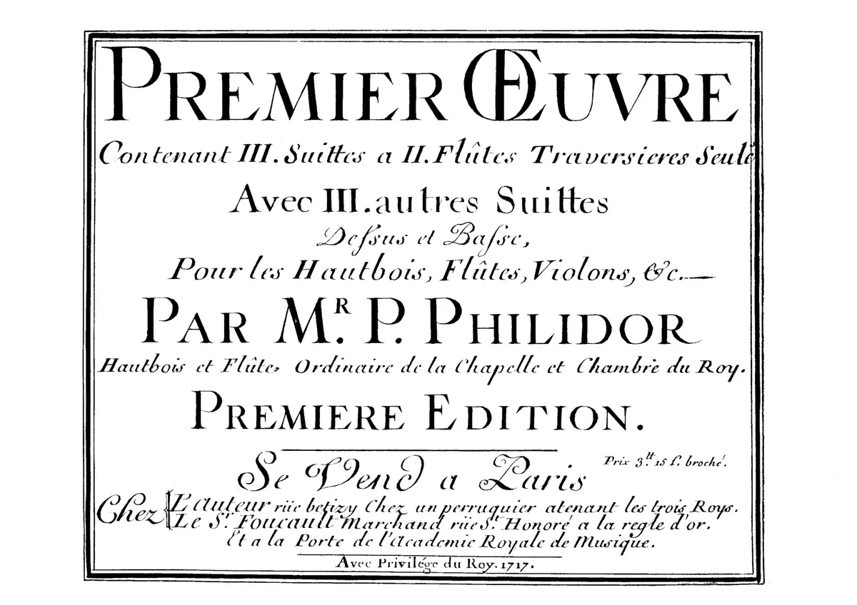 Premier, Deuxième et Troisième œuvre(s) contenant trois, deux, une suite(s) à deux flûtes traversières seules et trois, deux, une autre suite dessus et basse pour les hautbois, flûtes, violons, etc. - Page 1