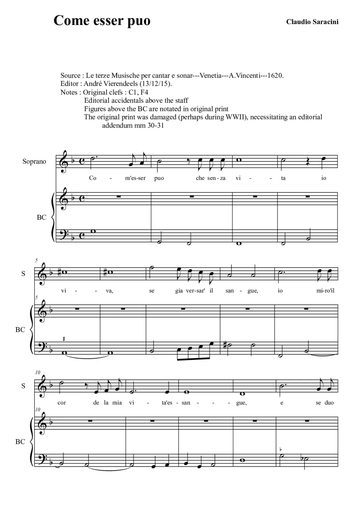 Come esser puo che senza vita - Page 1
