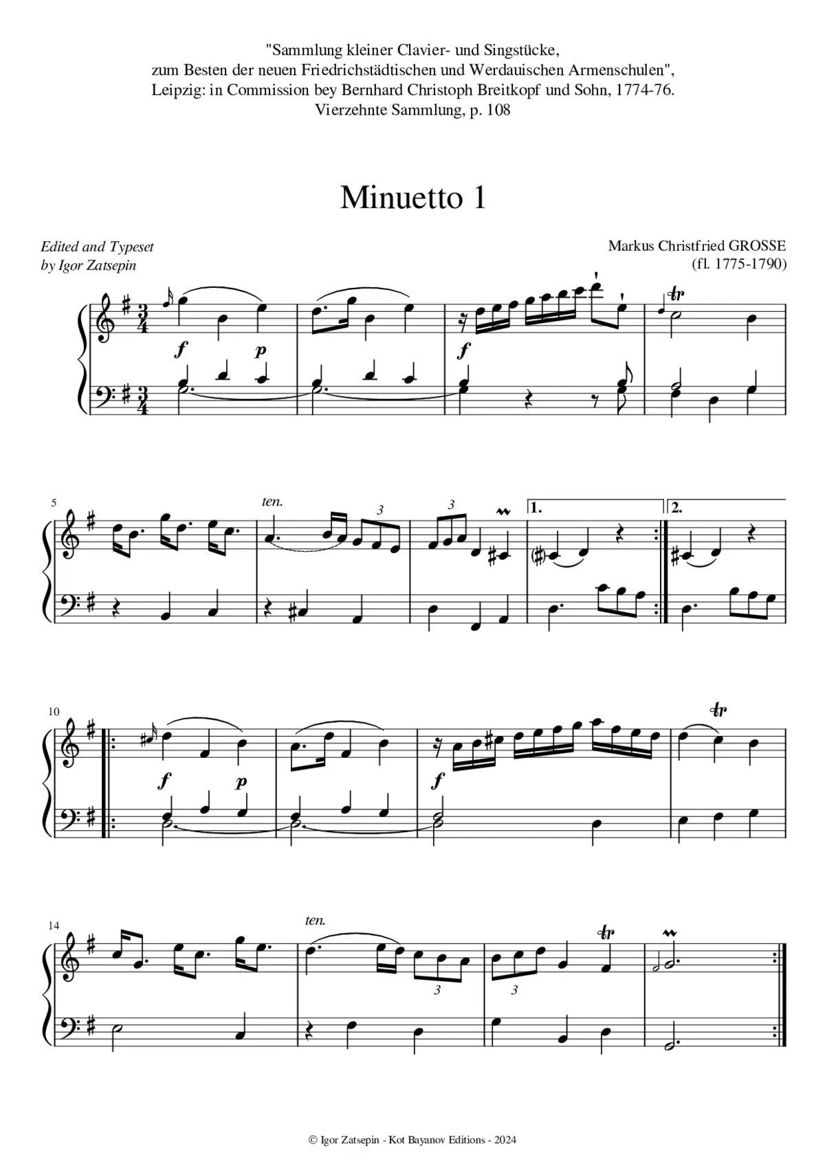 2 Menuets in G major/G minor, Hiller's ''Sammlung...'', S.14, no.5 - Page 1