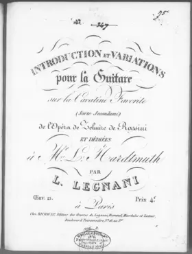 Introduction et variations pour la guitare sur la Cavatine Favorite de l'Opéra de 'Zelmire' de Rossini