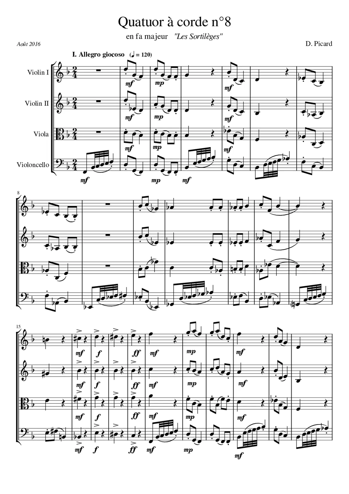 String quartet n8 in F major by Dominique Picard - 1st mv - Page 1