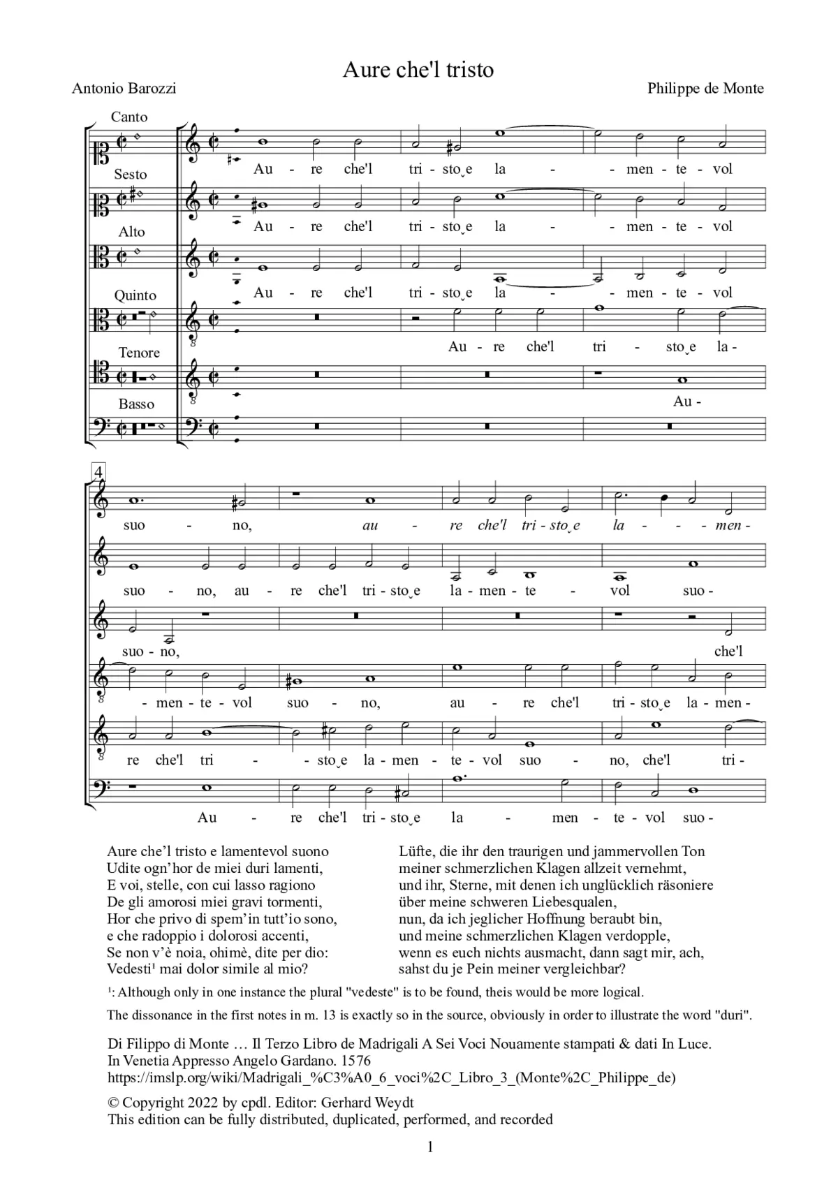Aure che'l tristo e lamentevol suono - Page 1