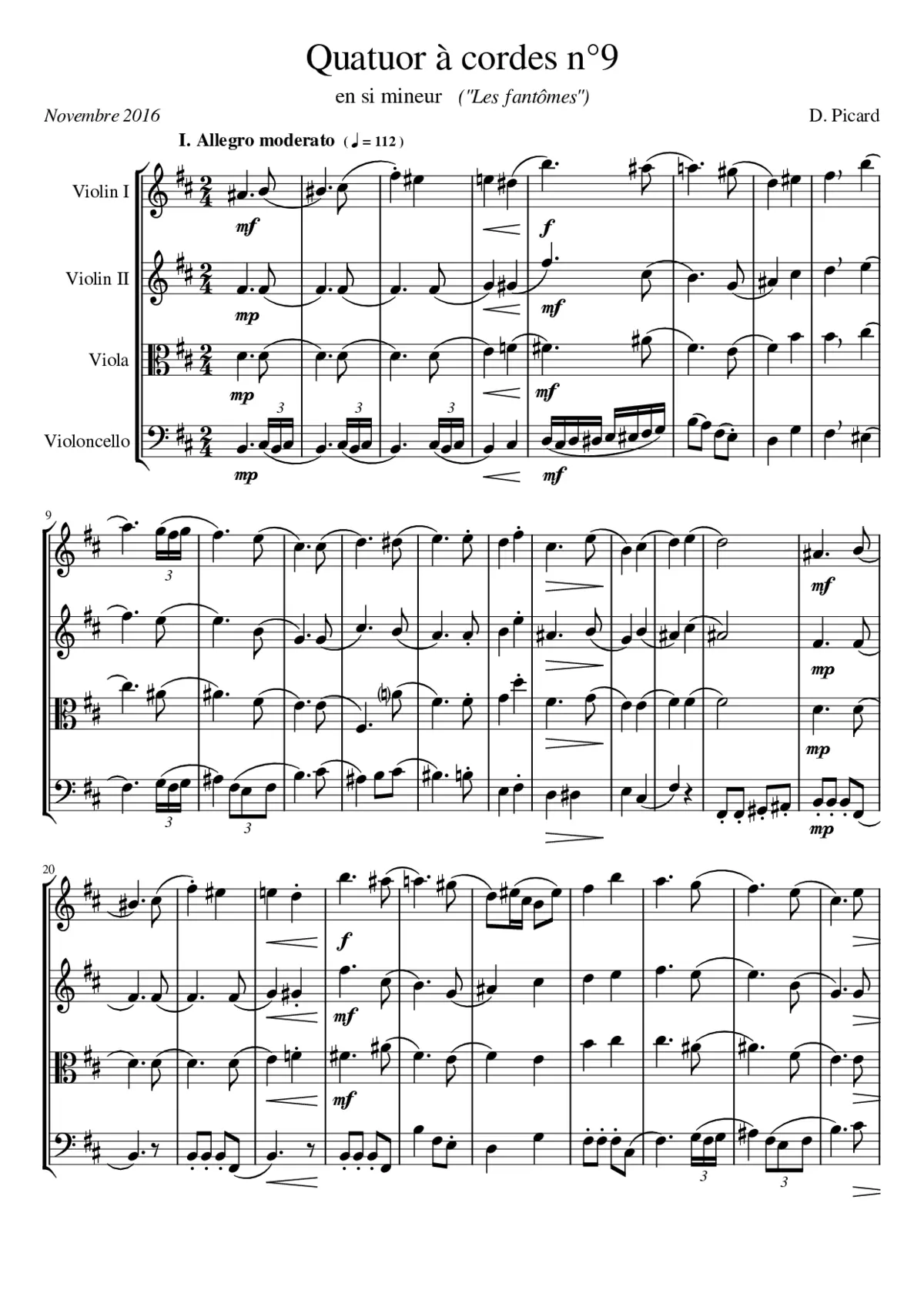 String quartet n9 in B minor by Dominique Picard - 1st mv - Page 1