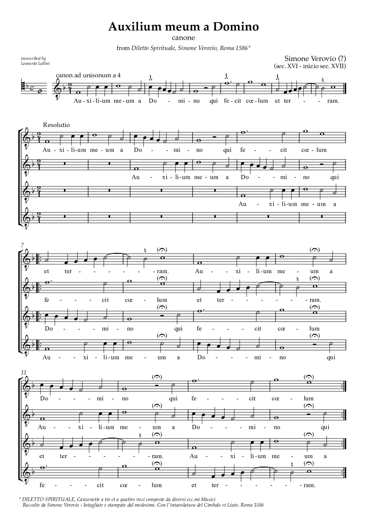 Auxilium meum a Dominum, Canon à 4 ad unisonum - Page 1