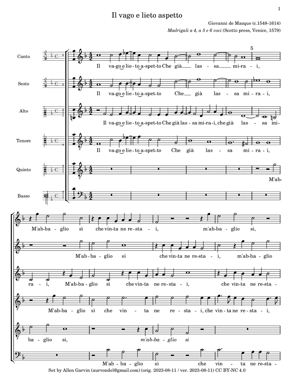 Il vago e liet' aspetto - Page 1