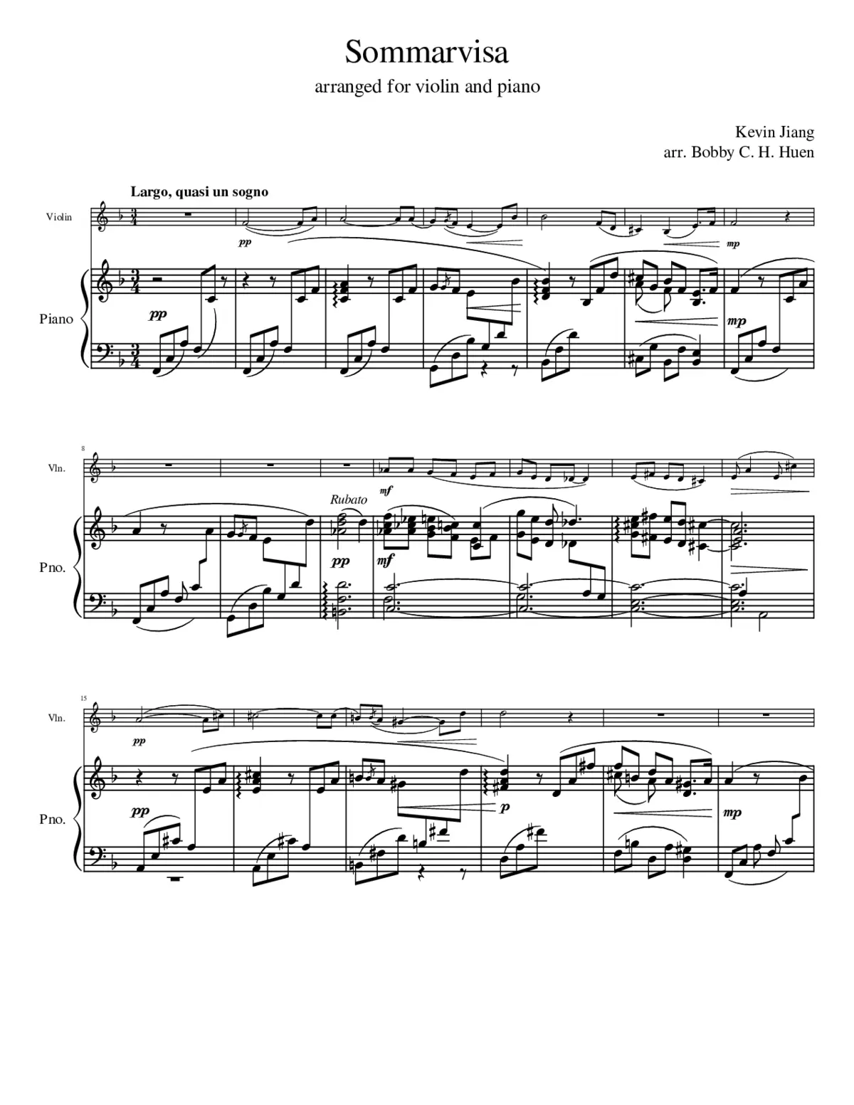 original arrangement Kevin Jiang Sommarvisa for violin and piano. - Page 1