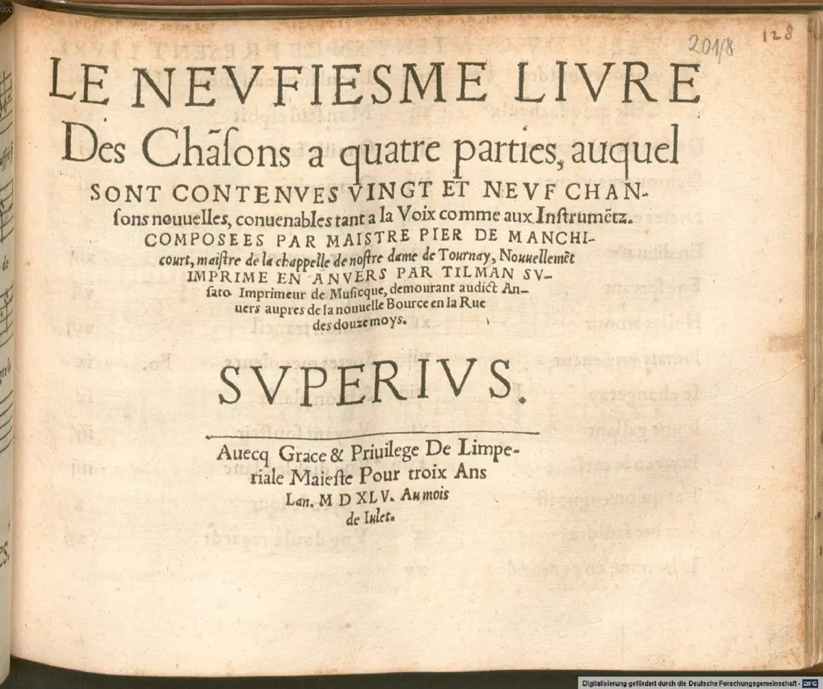 Le neufiesme livre des chansons a quartre parties, auquel sont contenues vingt et neuf chansons nouvelles - Page 1