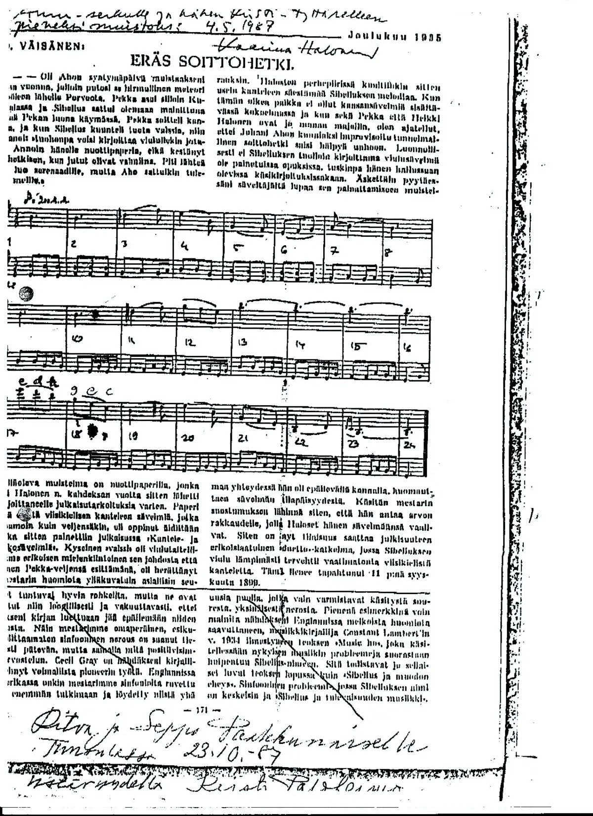 Lullaby for violin and kantele (JS 222) - Page 1
