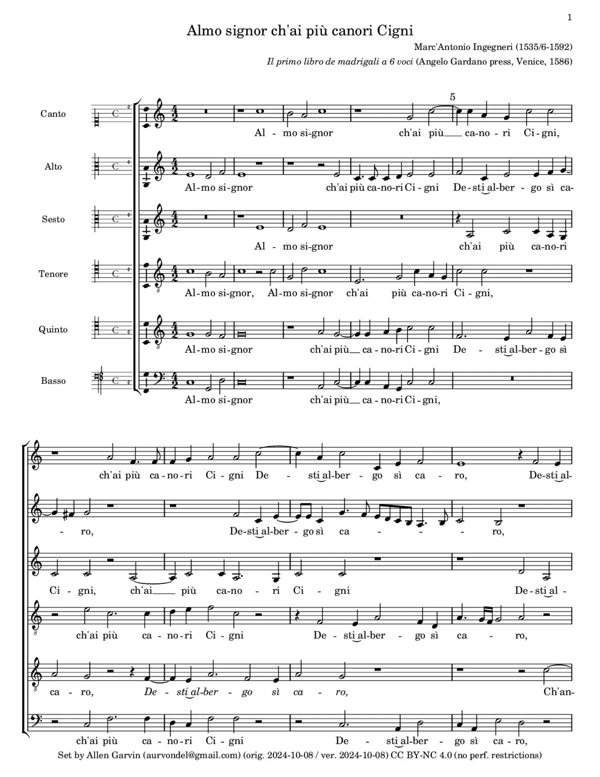 Almo signor ch'ai più canori Cigni - Page 1