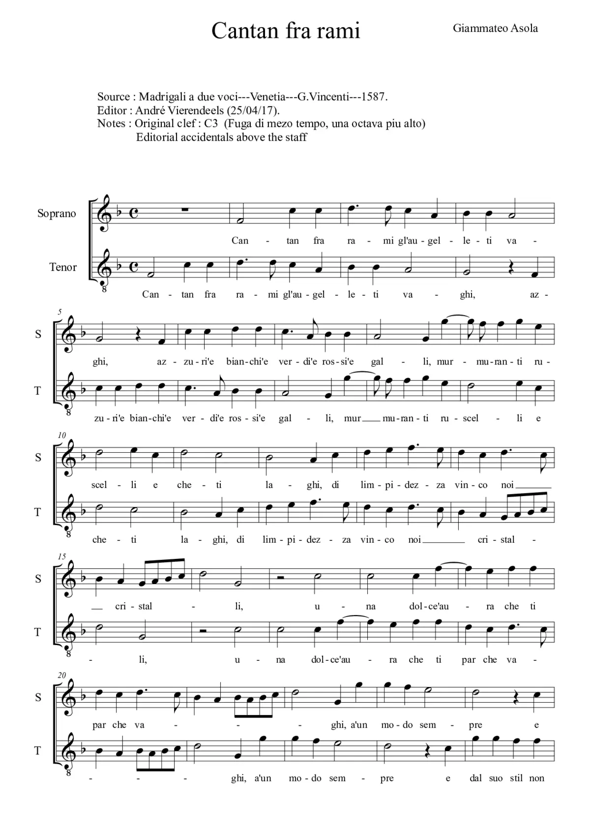 Cantan fra rami gli augelletti vaghi - Page 1