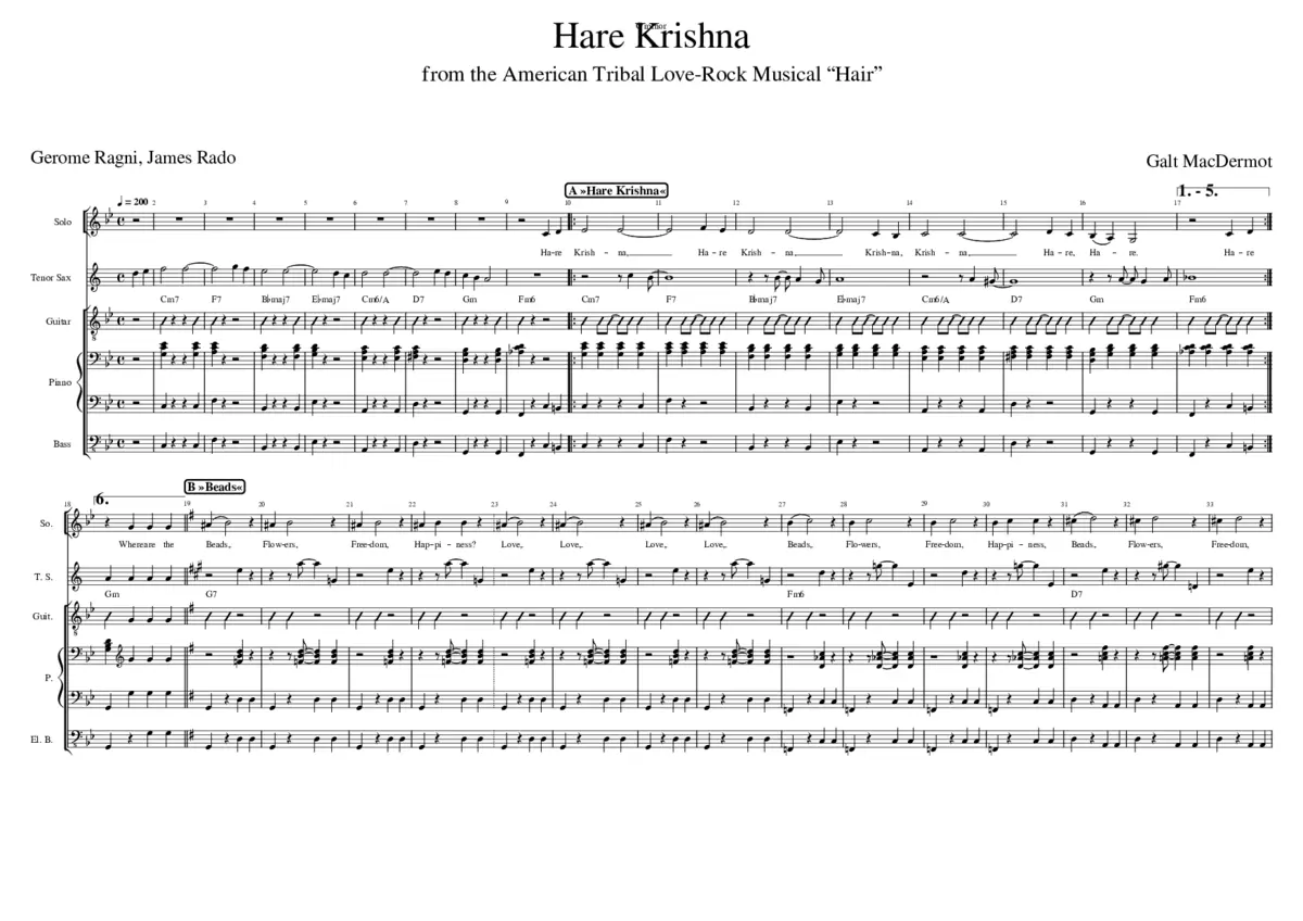 Musical Hair: Be-In Hare Krishna (arranged for small R&B band) - Page 1