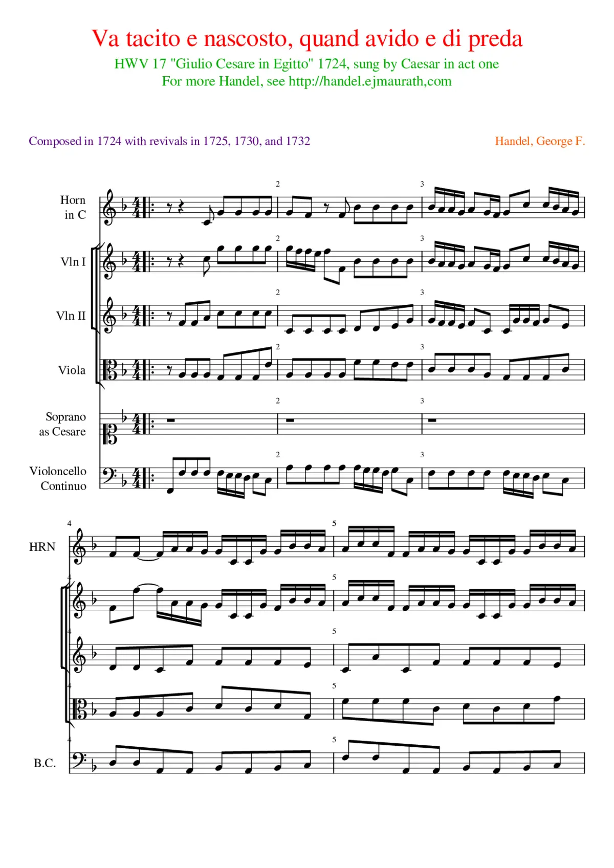 Va tacito e nascosto quand avido e di preda from HWV 17 - Page 1
