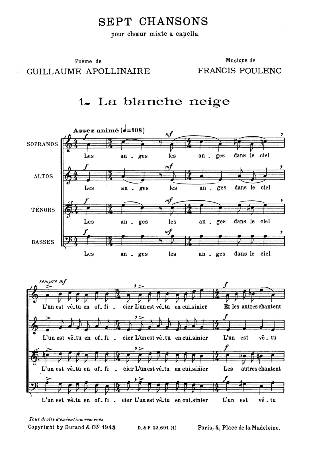 Sept Chansons (pour chœur mixte a cappella) - Page 1