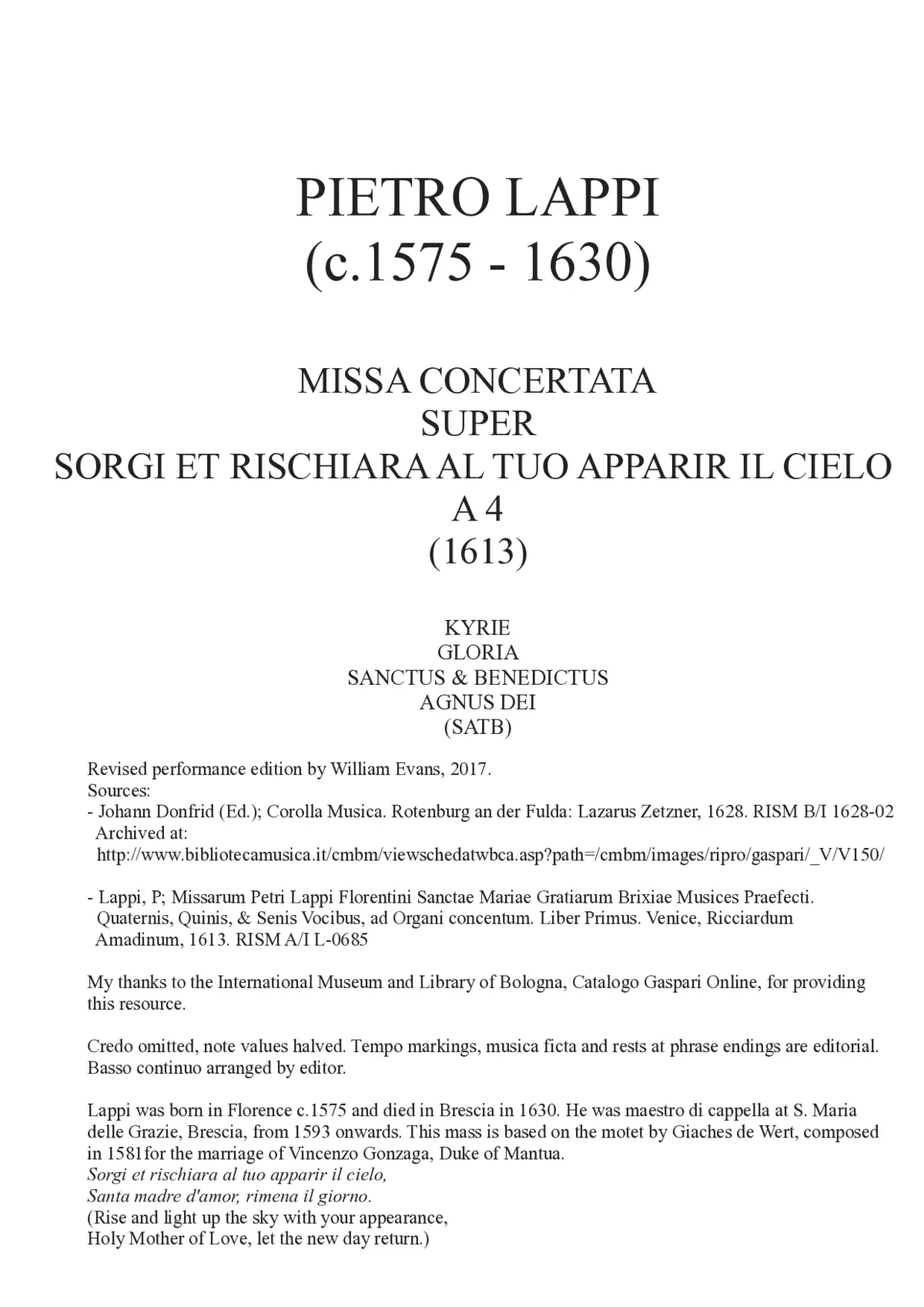 Missa concertata super "Sorgi et rischiara al tuo apparir il cielo" a 4 (1613) - Page 1