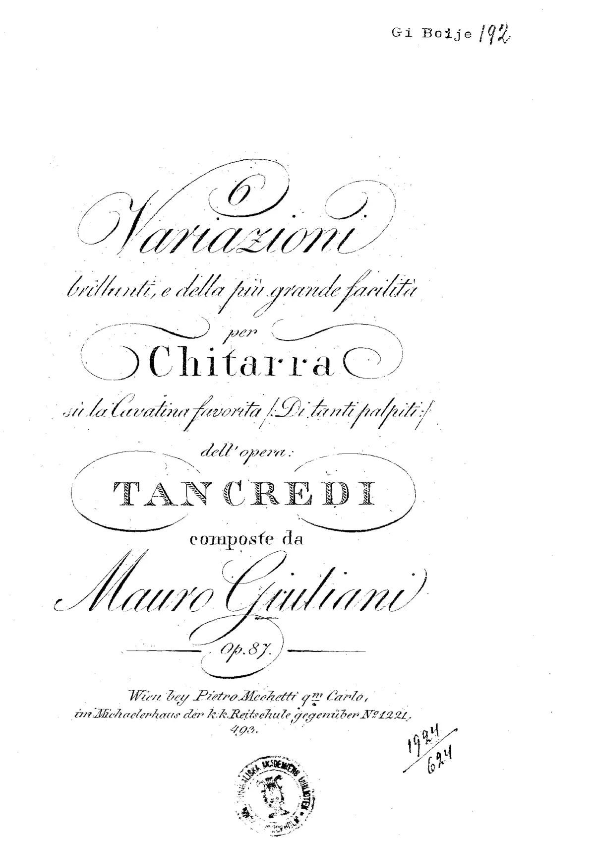6 Variazioni brillanti su la Cavatina Di tanti palpiti - Page 1
