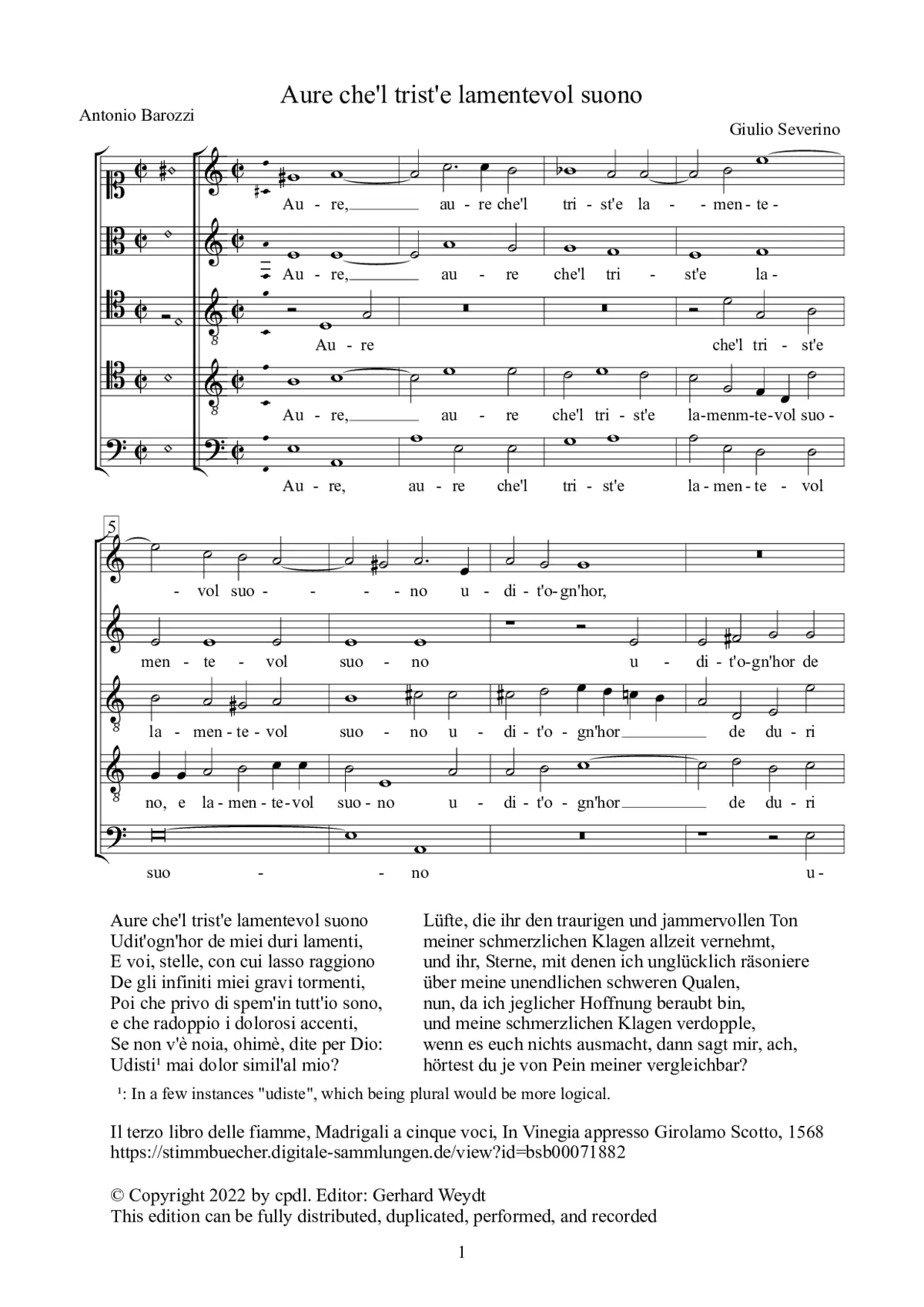 Aure che'l trist'e lamentevol suono - Page 1
