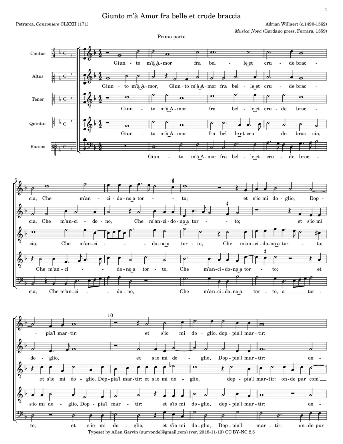 Giunto m'à Amor fra belle et crude braccia - Page 1