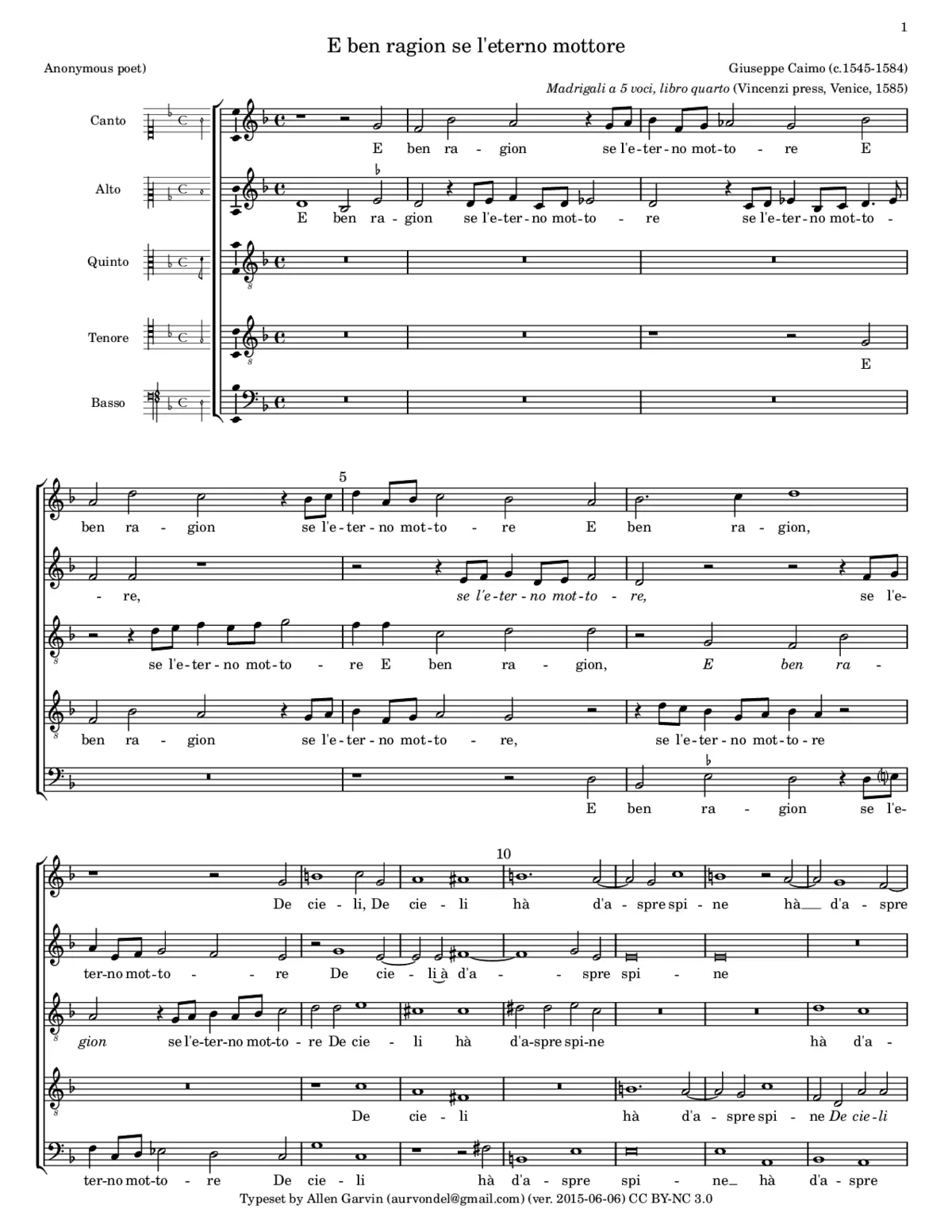 E ben ragion se l'eterno mottore - Page 1