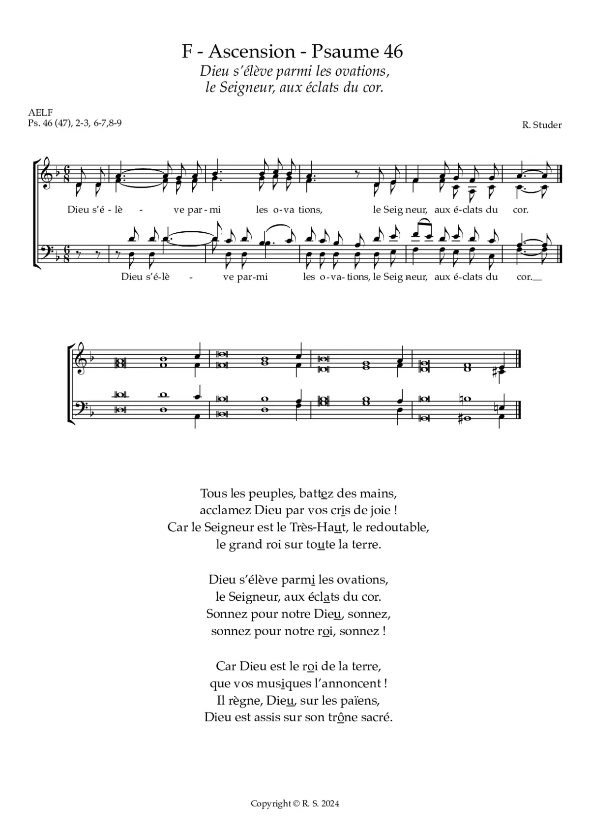 F - Ascension : Psaume 46 - Dieu s'élève parmi les ovations, le Seigneur, aux éclats du cor. - Page 1