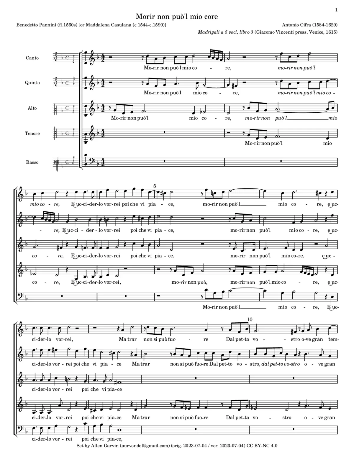 Morir non puo'l mio core - Page 1