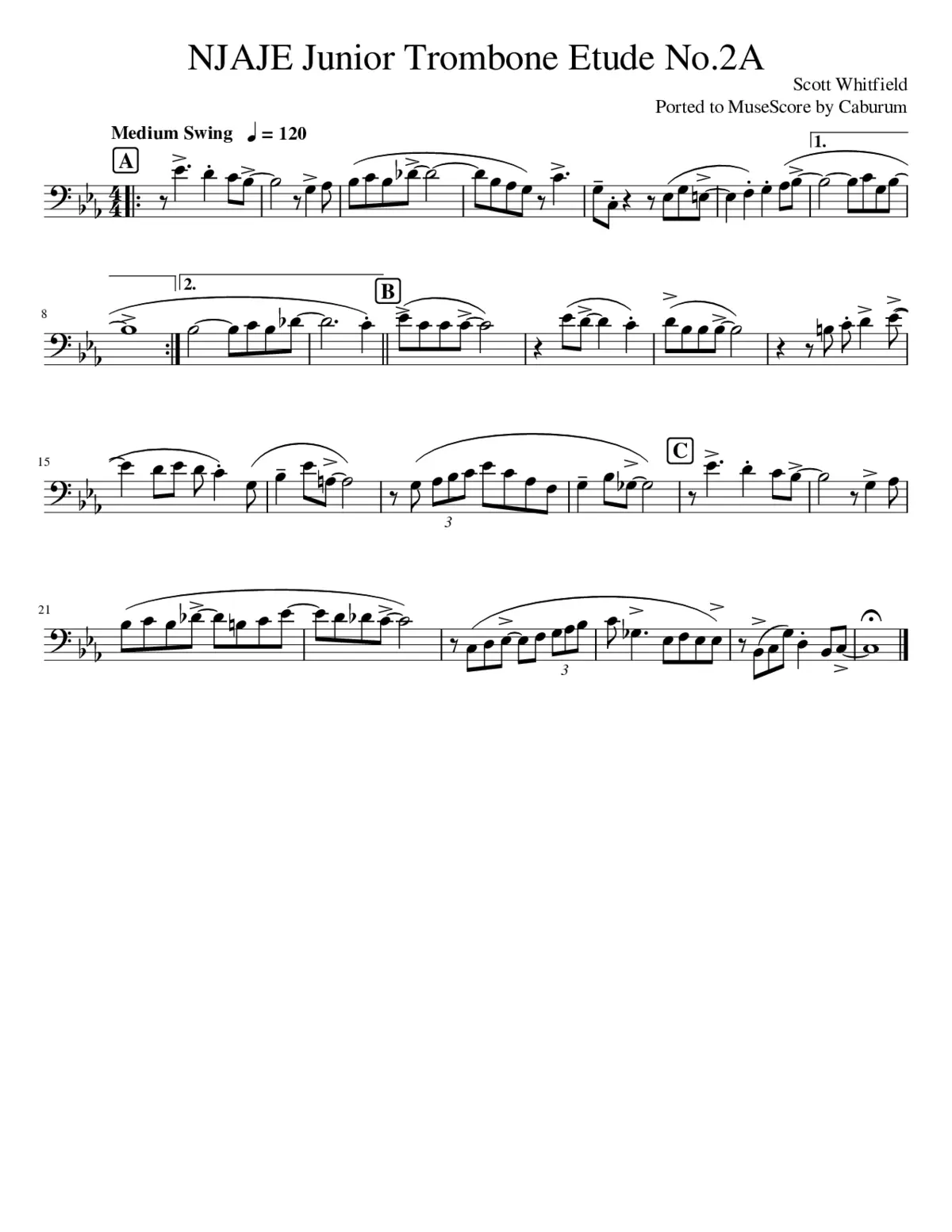 NJAJE Junior Trombone Etude No.2A - Page 1