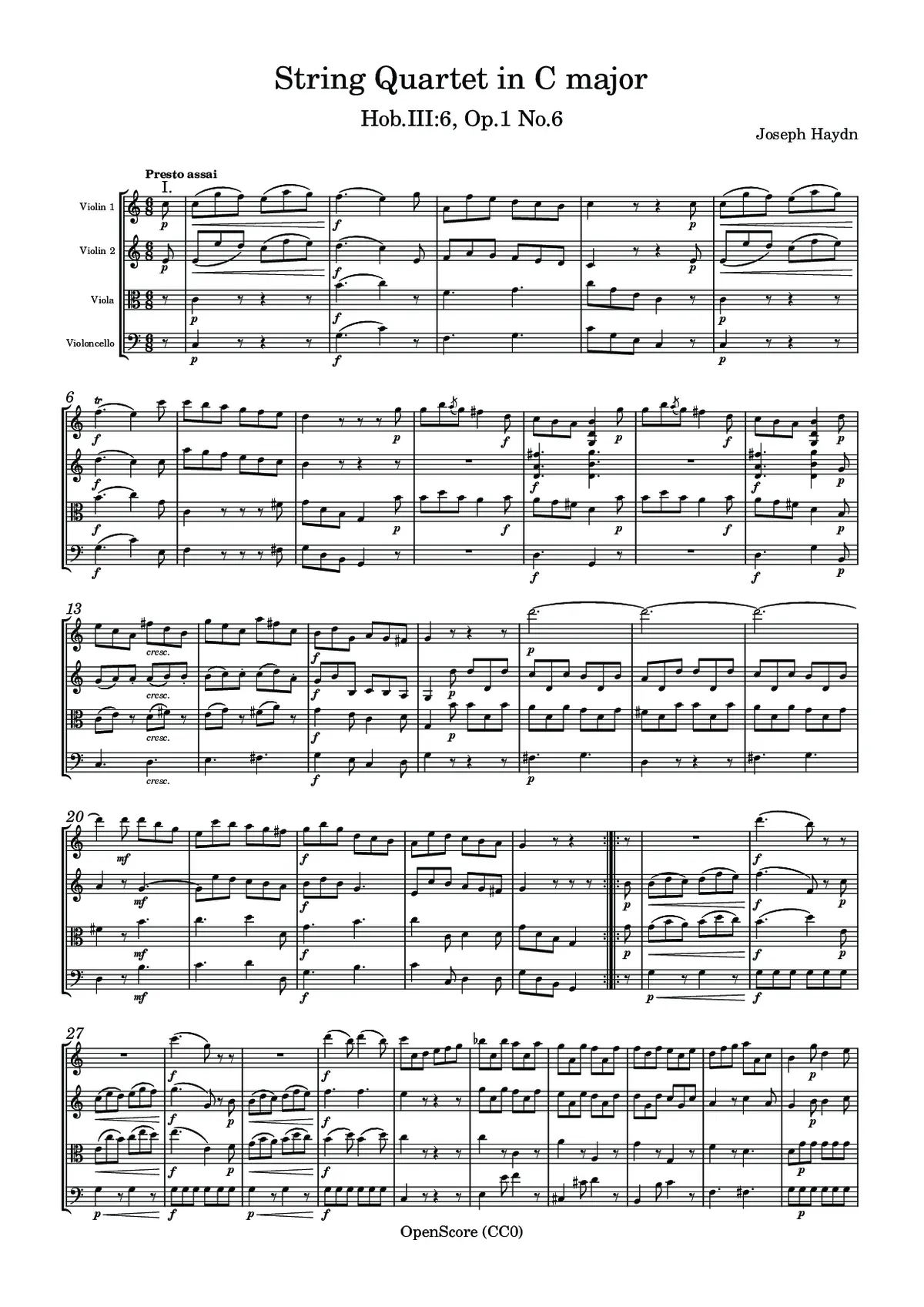String Quartet in C major, Hob.III:6, Op.1 No.6 - Page 1