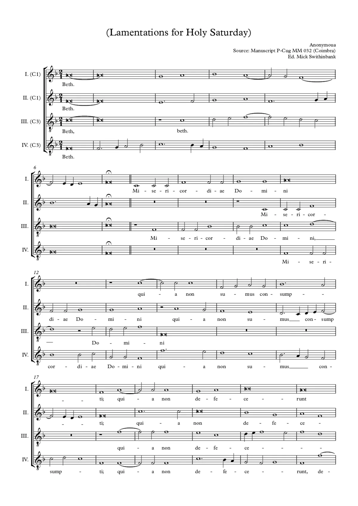 Lamentations for Holy Saturday, Lesson One - Page 1