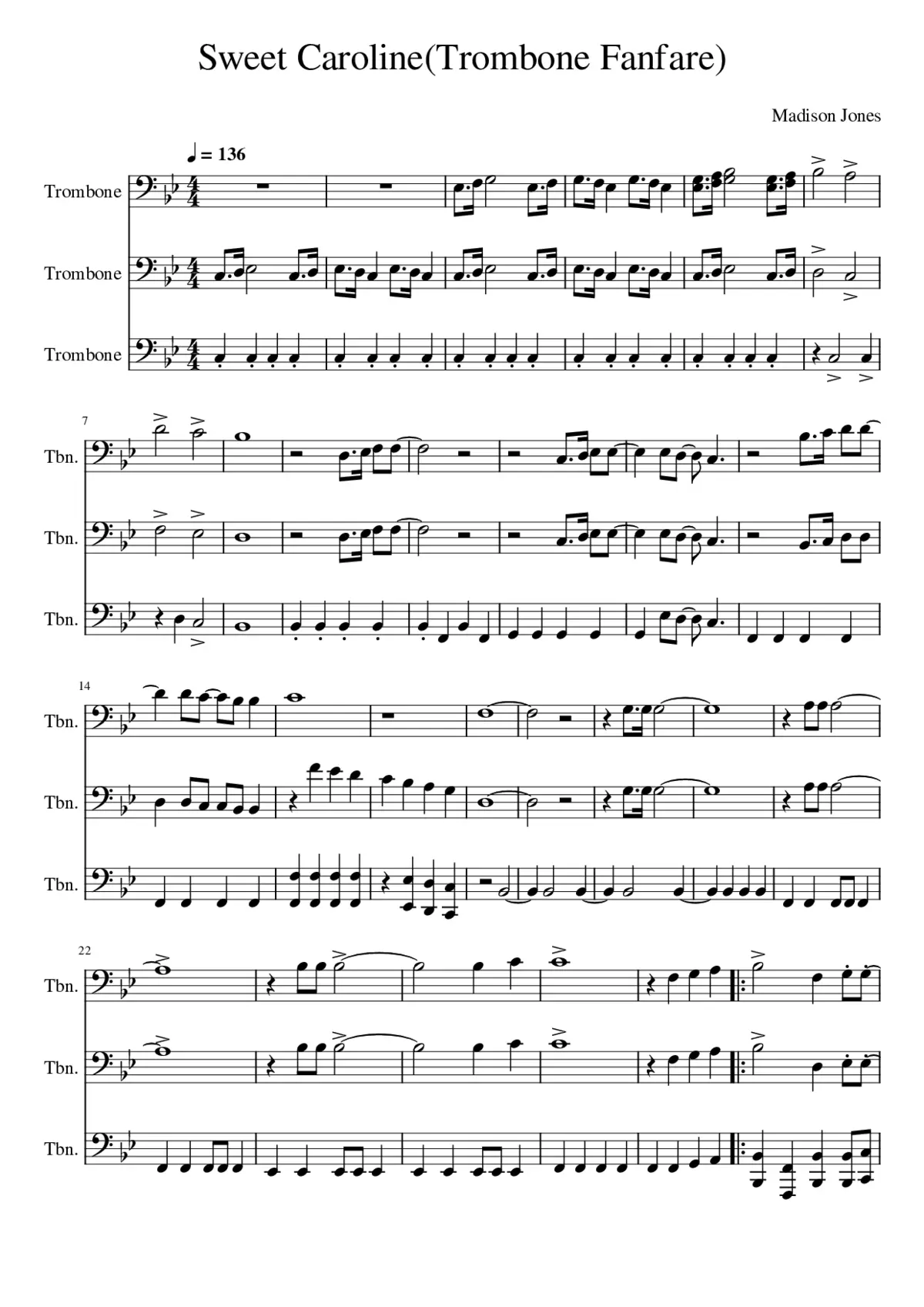 Sweet Caroline Trombone Fanfare - Page 1