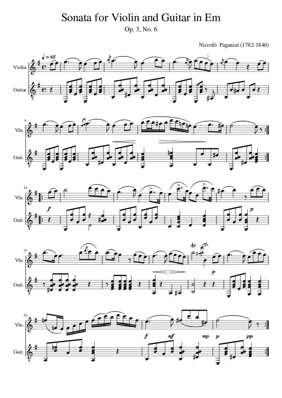 Paganini - Sonata for Violin and Guitar in Em (for Flute and Guitar) - Page 1