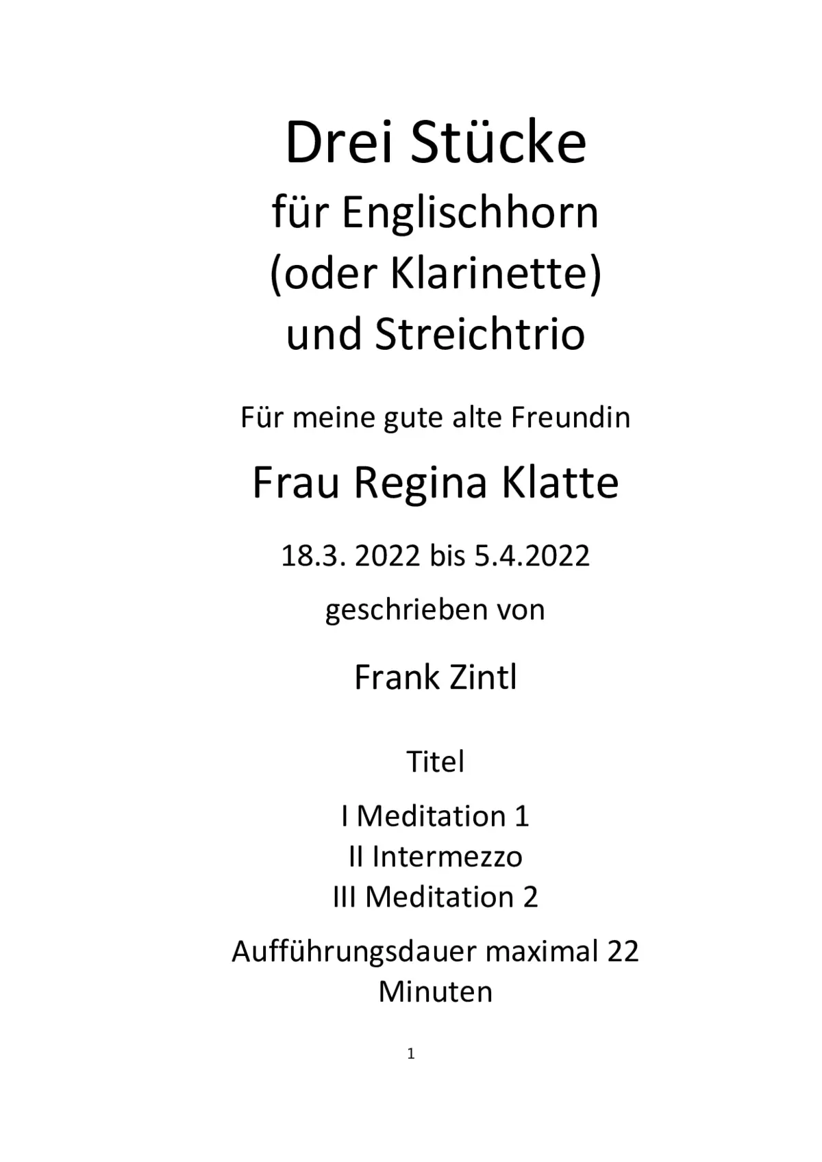 Three Pieces for English Horn (or Clarinet) and String Trio - Page 1