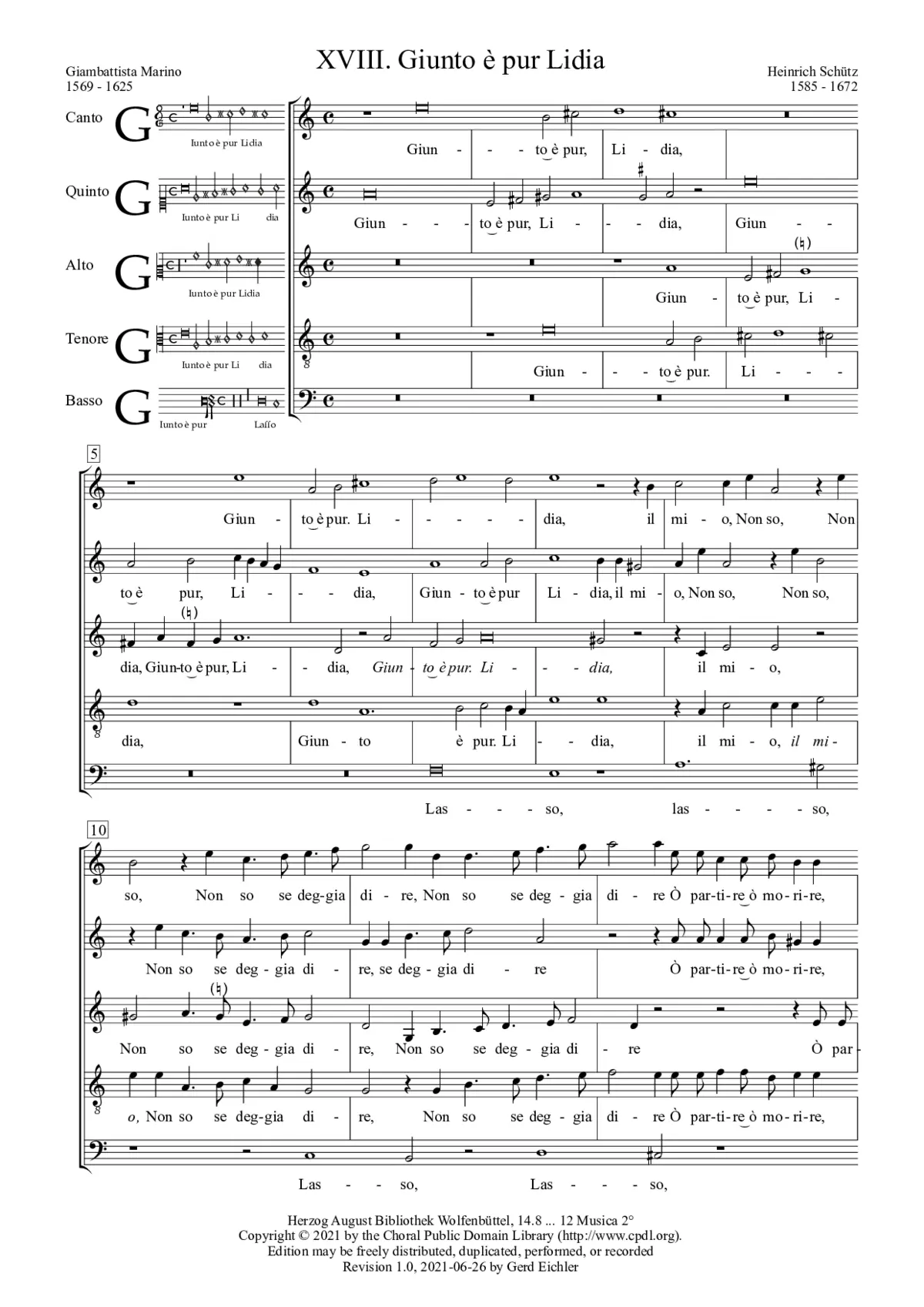 Giunto è pur, Lidia, SWV 18 - Page 1