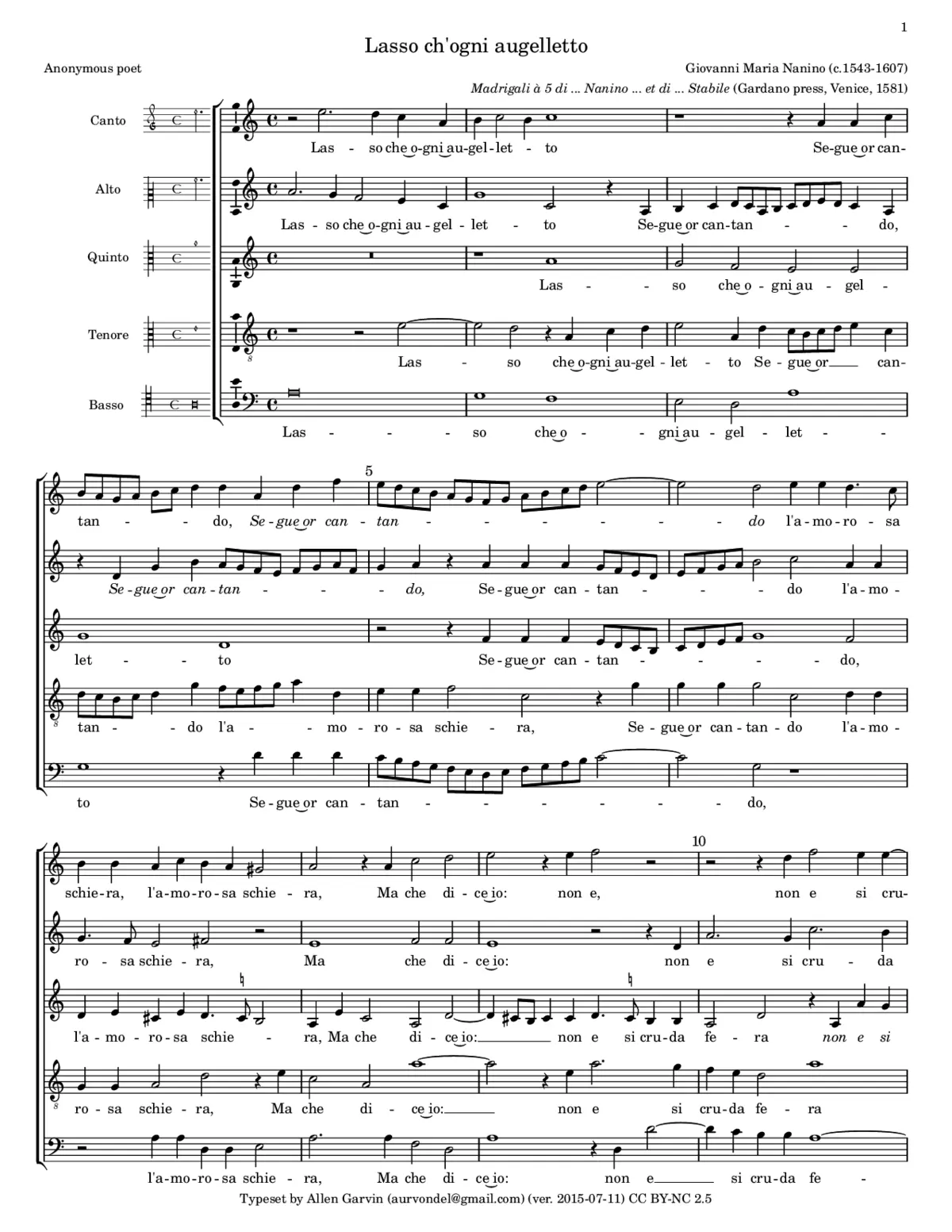 Lasso ch'ogni augelletto - Page 1