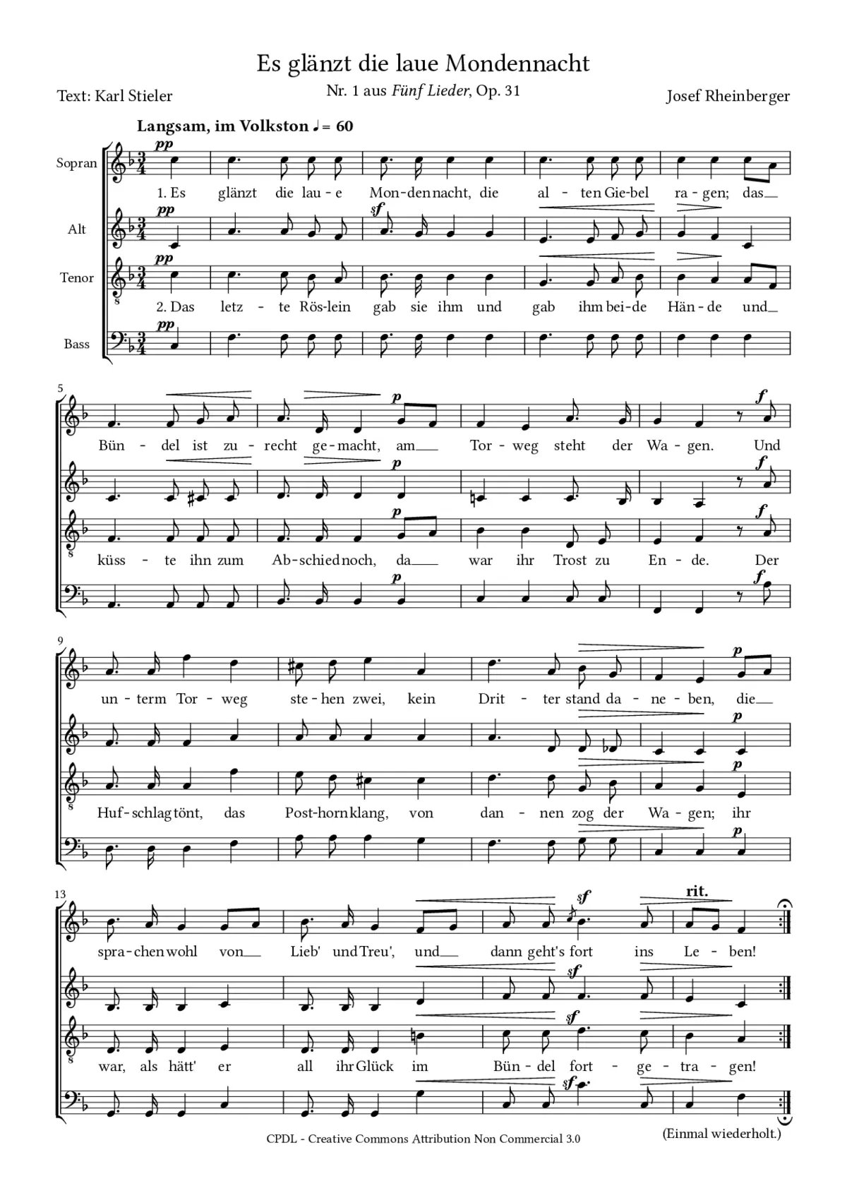 Es glänzt die laue Mondennacht, Op. 31, No. 1 - Page 1