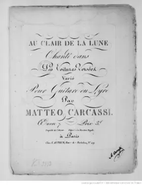 Au Clair de la Lune, chante dans 'Le Voitures Versees' Varie, Op.7
