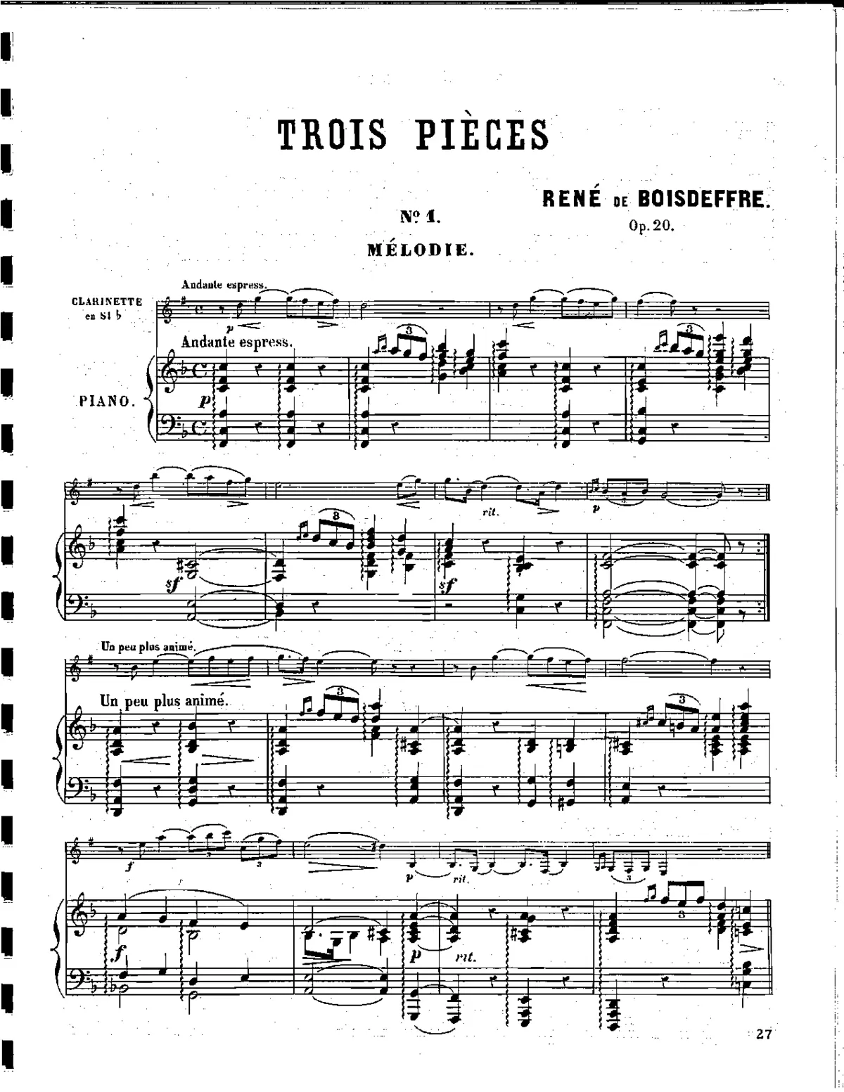 Trois pièces pour clarinette ou violon avec accompagnement de piano - Page 1