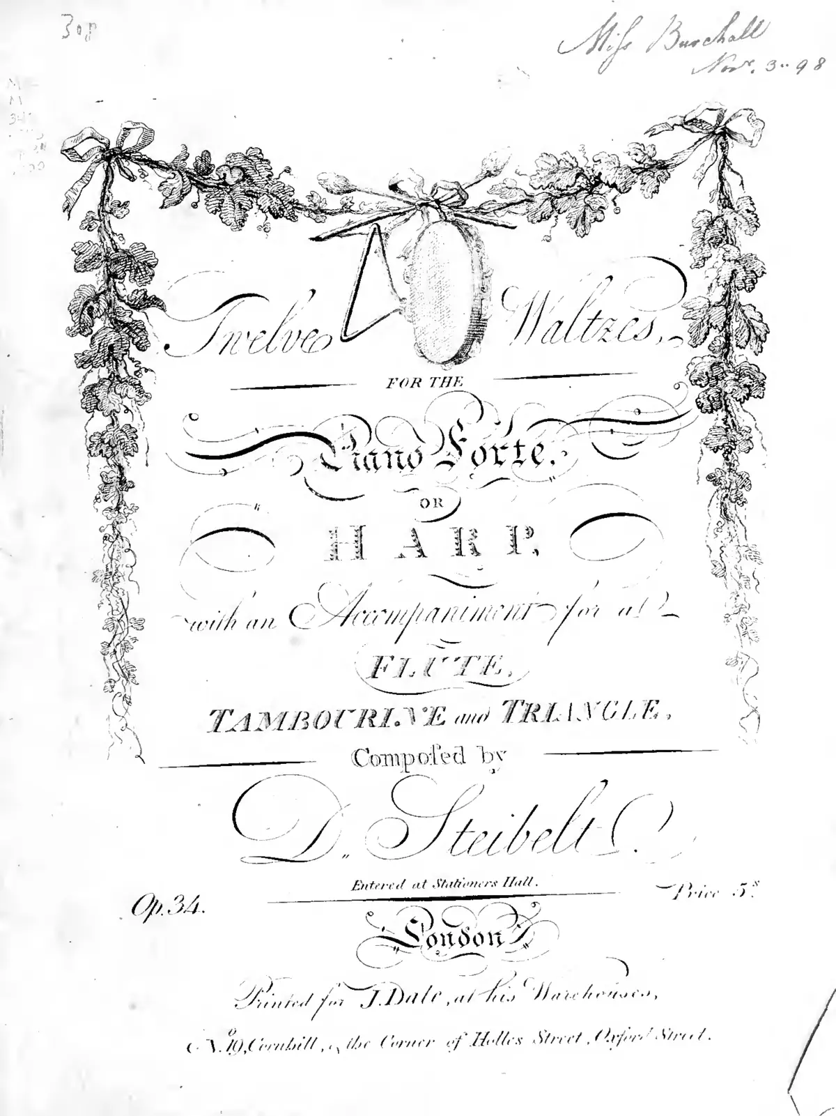Twelve Waltzes for the Piano Forte or Harp, with an Accompaniment for a Flute, Tambourine and Triangle - Page 1