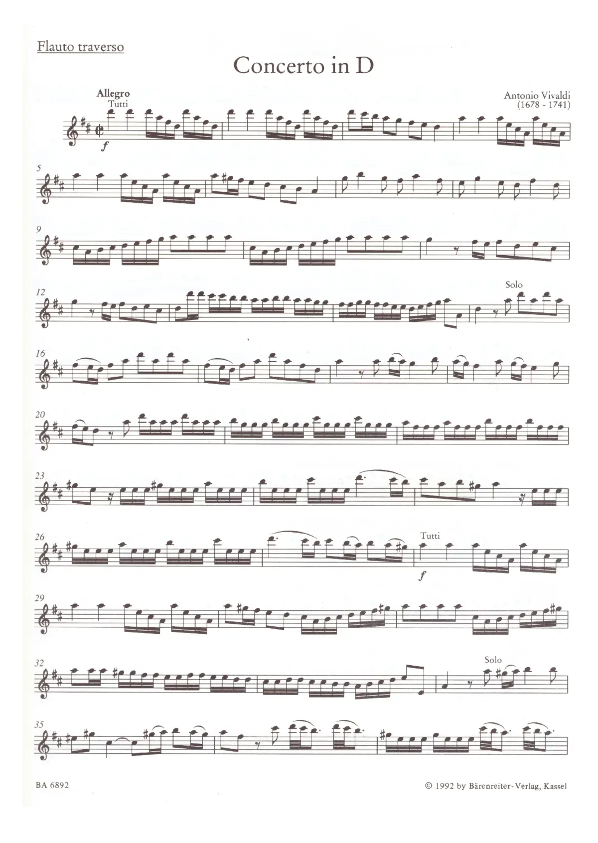 Concerto for Flute, Strings and Basso continuo in D major, RV 783 - Page 1