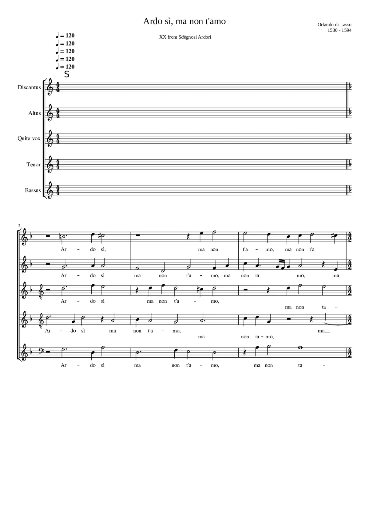 Ardo sì ma non t'amo (Lasso's 2nd setting may be found here.) - Page 1