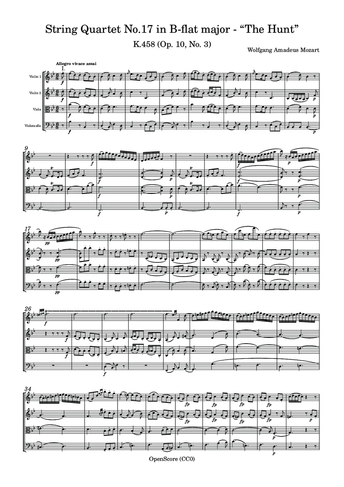 String Quartet No.17 in B-flat major, K.458 (Op. 10, No. 3) - Page 1