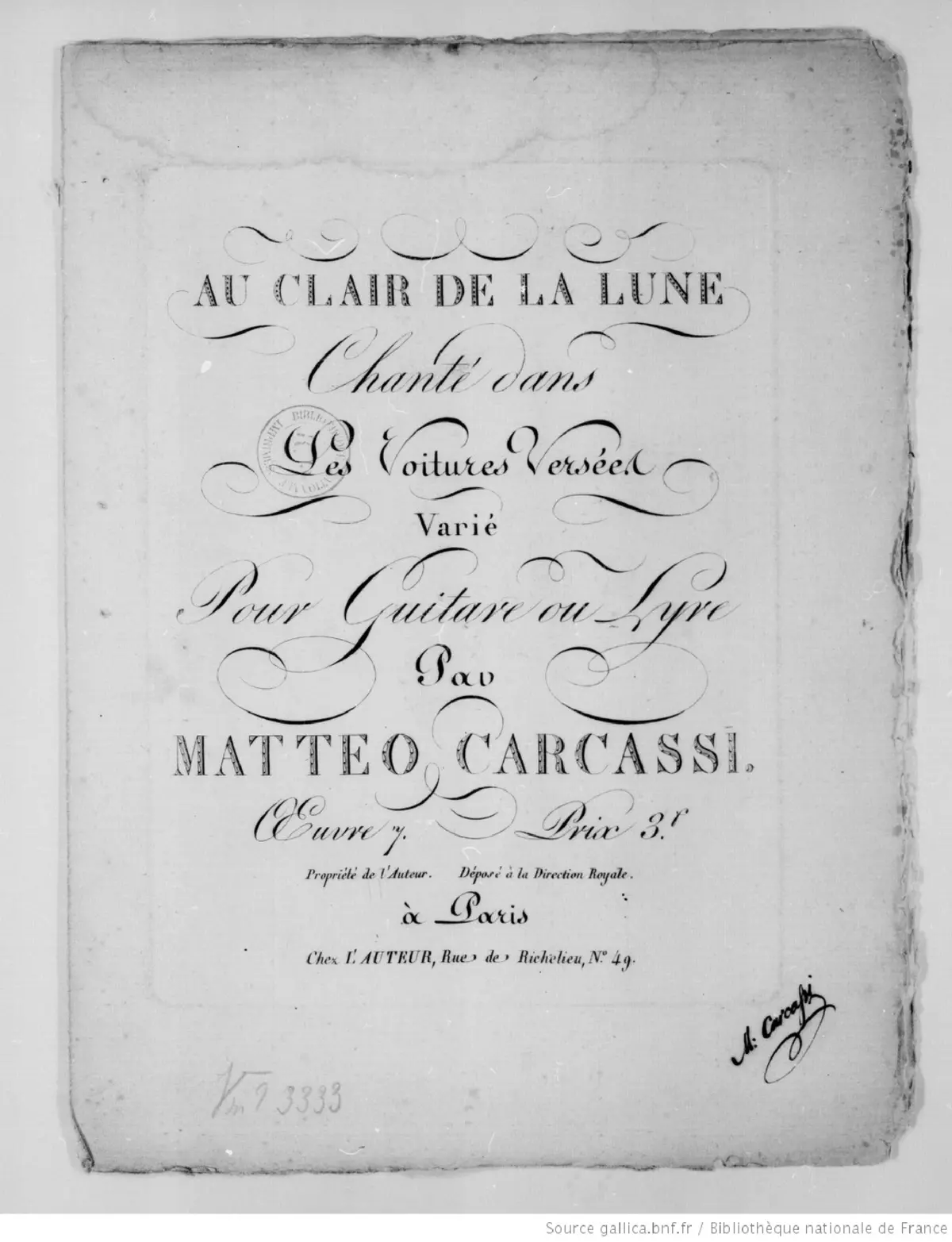 Au Clair de la Lune, chante dans 'Le Voitures Versees' Varie, Op.7 - Page 1
