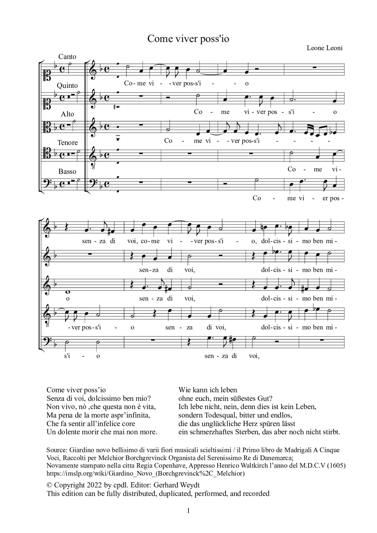 Come viver poss'io - Page 1