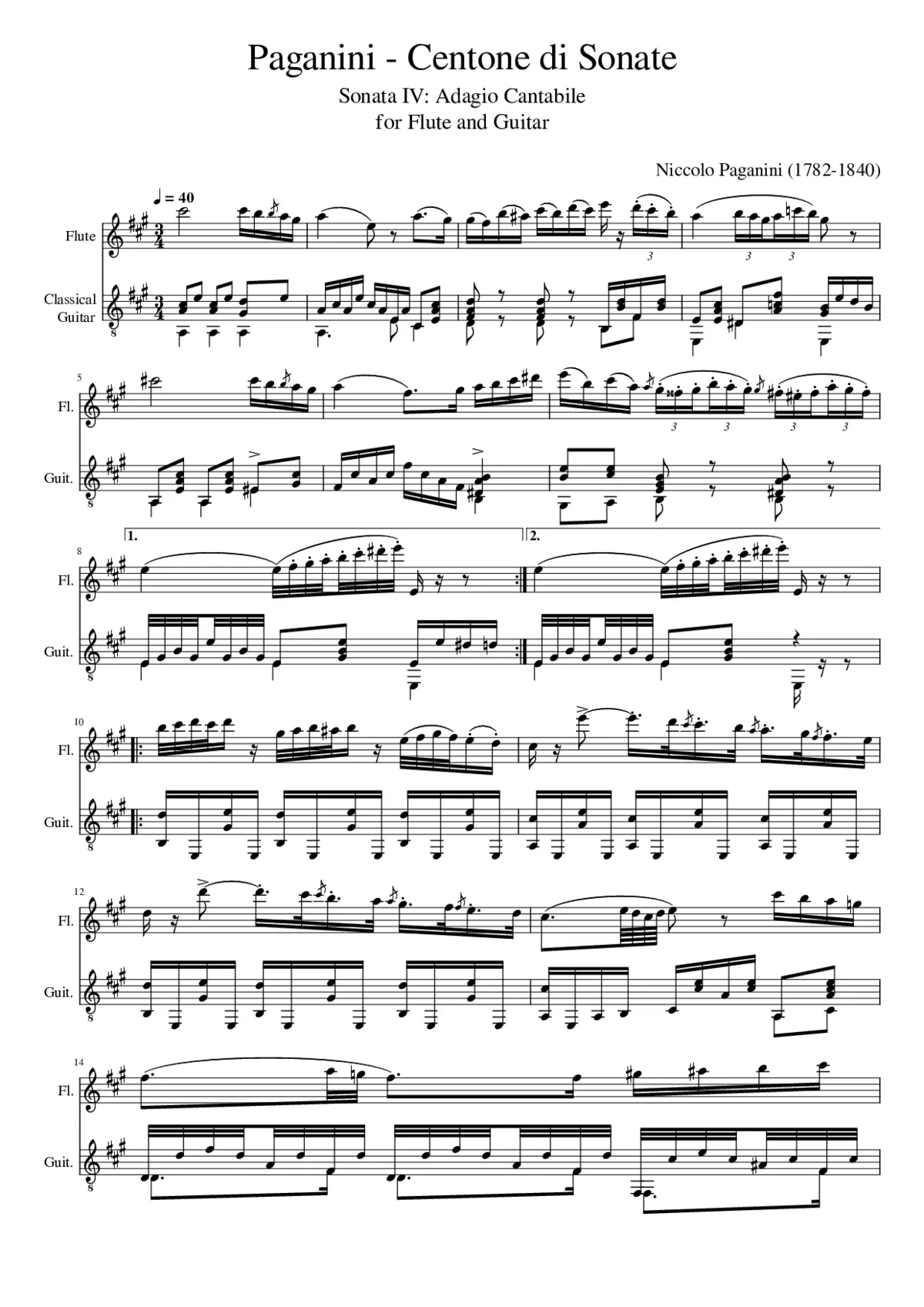 Paganini - Centone di Sonate (Sonata IV: Adagio Cantabile) for Flute and Guitar - Page 1