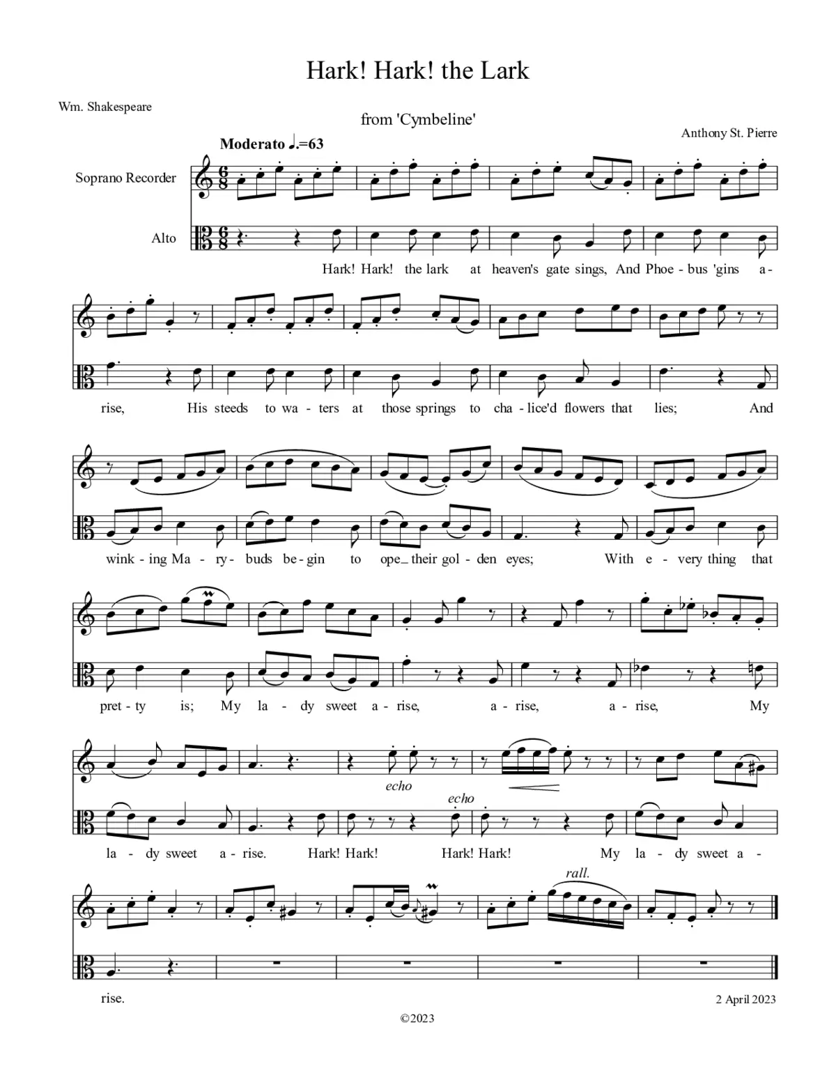 3 Shakespeare Songs for Countertenor & Recorder - Page 1