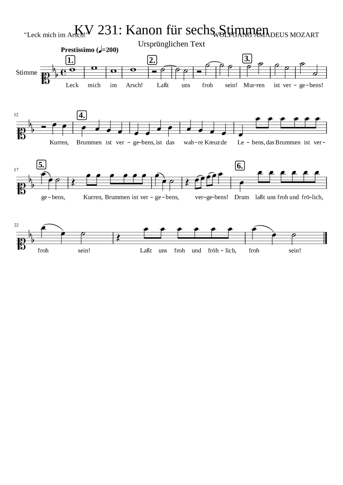 Kanon für sechs Stimmen KV 231 (Leck mich im Arsch!) - Page 1