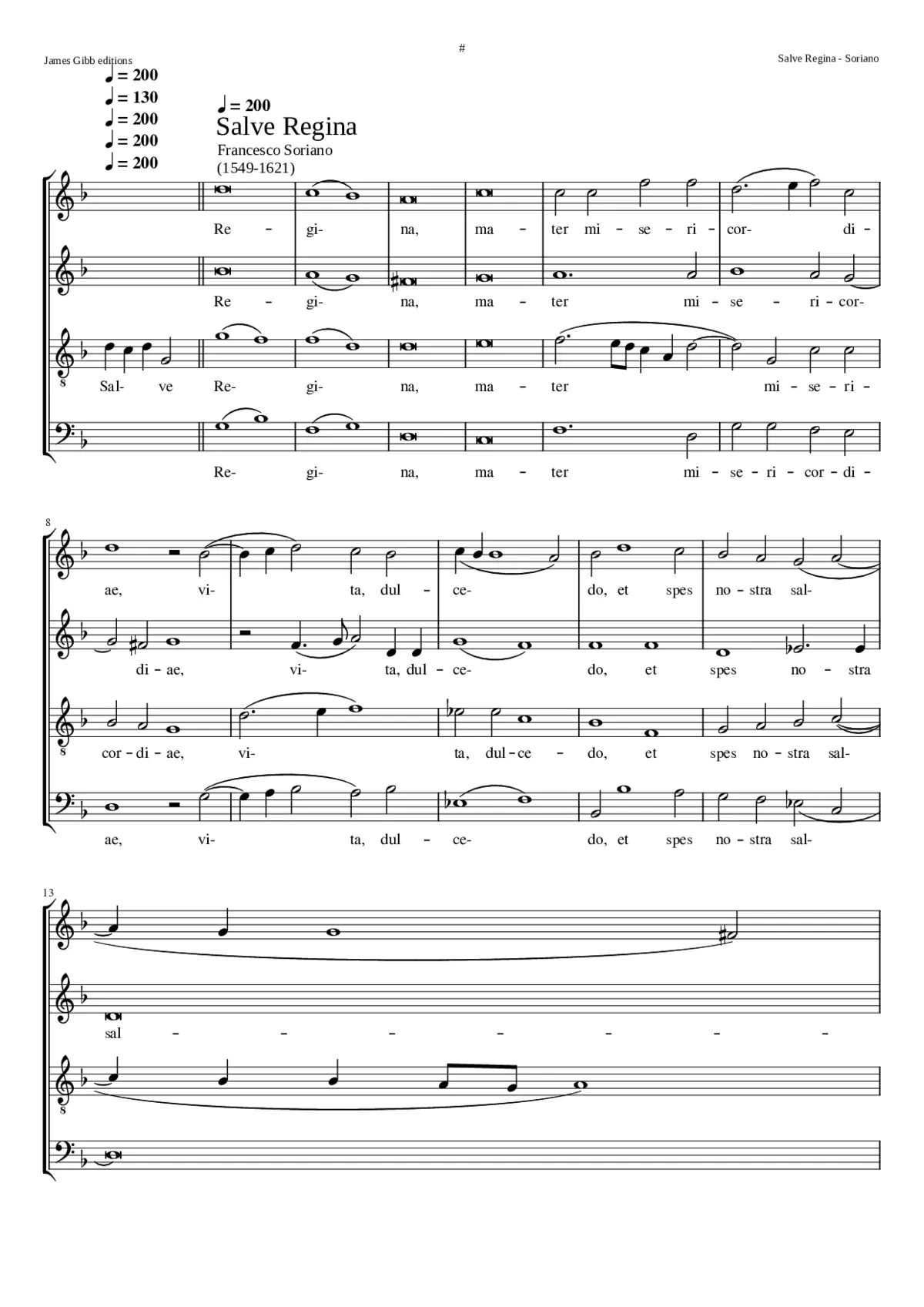 Salve Regina the thru-composed setting appearing 2nd in the 1619 publication but 1st in Proske's anthology. The other alternatim setting is at Salve Regina II (Francesco Soriano). - Page 1