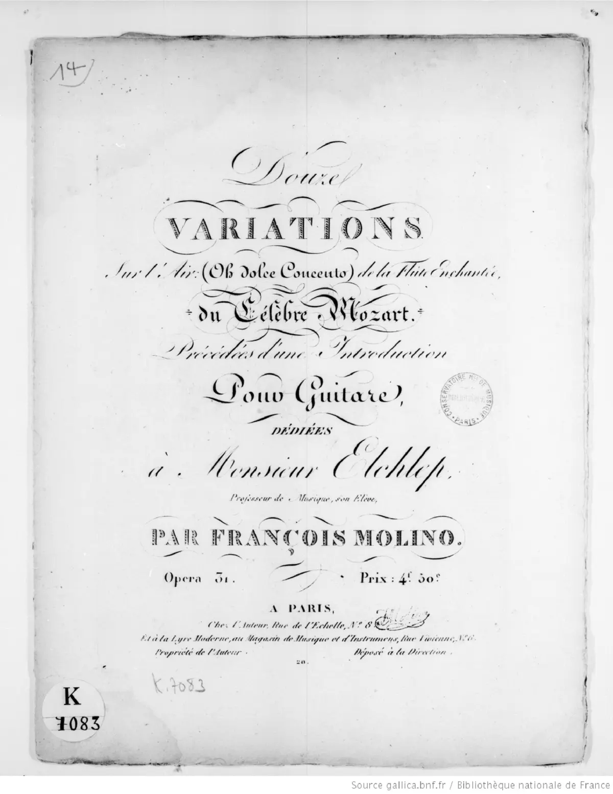 12 Variations sur l'Air 'Oh dolce Concerto' de La 'Flûte enchantée' du célèbre Mozart - Page 1
