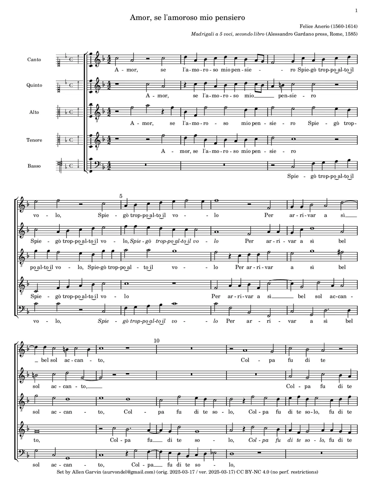 Amor, se l'amoroso mio pensiero - Page 1